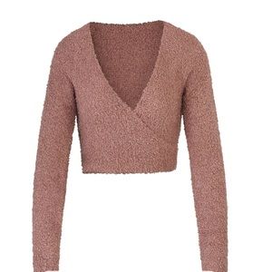 Skims cozy knit wrap top and short rose clay
